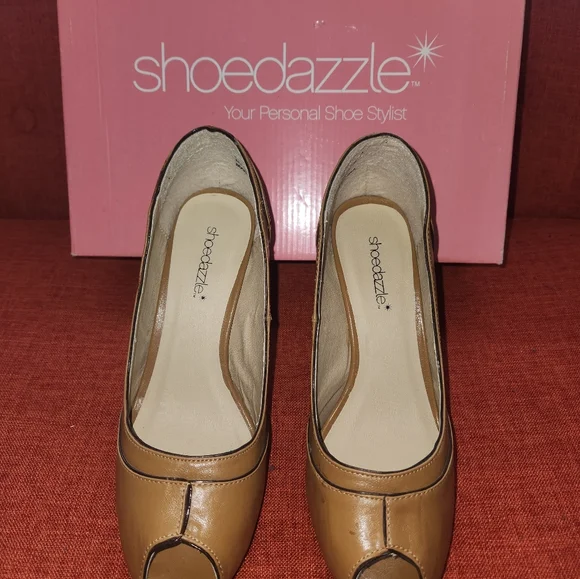 Women's Tan Peep Toe 4in High Heels By Shoe Dazzle Sz 7.5 - Picture 12 of 15